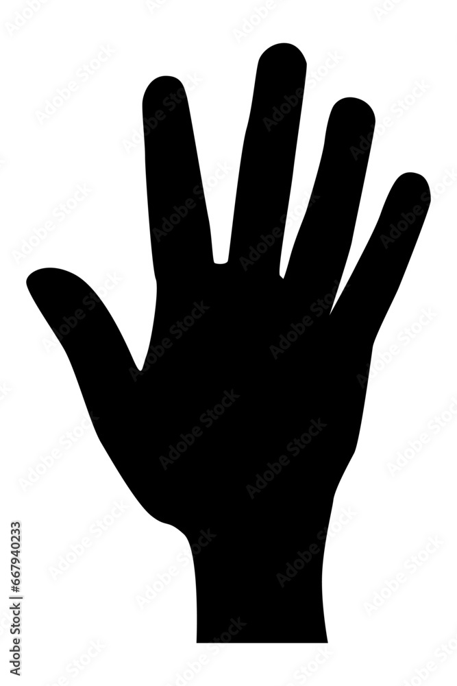 Left hand. Palm five fingers. Black hand isolated on white background. Stop signal. Flat vector illustration Left hand. Palm five fingers. Black hand isolated on white background. Stop signal. Flat vector illustration