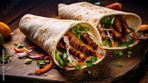 Fresh Turkish doner kebabs in toasted tortilla wraps served on brown paper on a rustic wooden table in a close up view