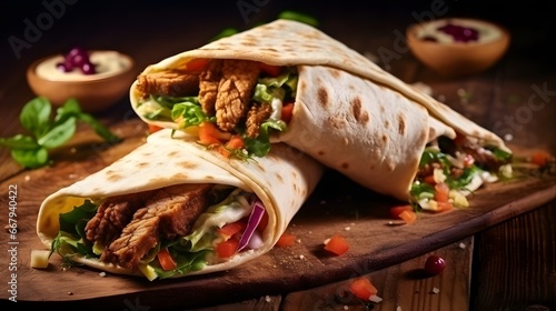 Fresh Turkish doner kebabs in toasted tortilla wraps served on brown paper on a rustic wooden table in a close up view photo