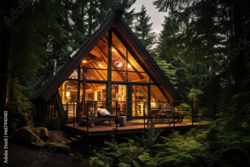 Rustic wooden cabin in a serene forest, embodying eco-friendly living. © furyon