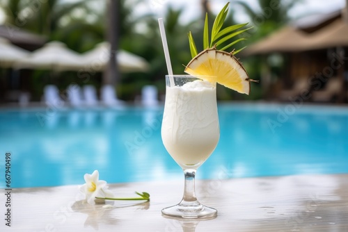 Sipping pina colada by a serene beach pool