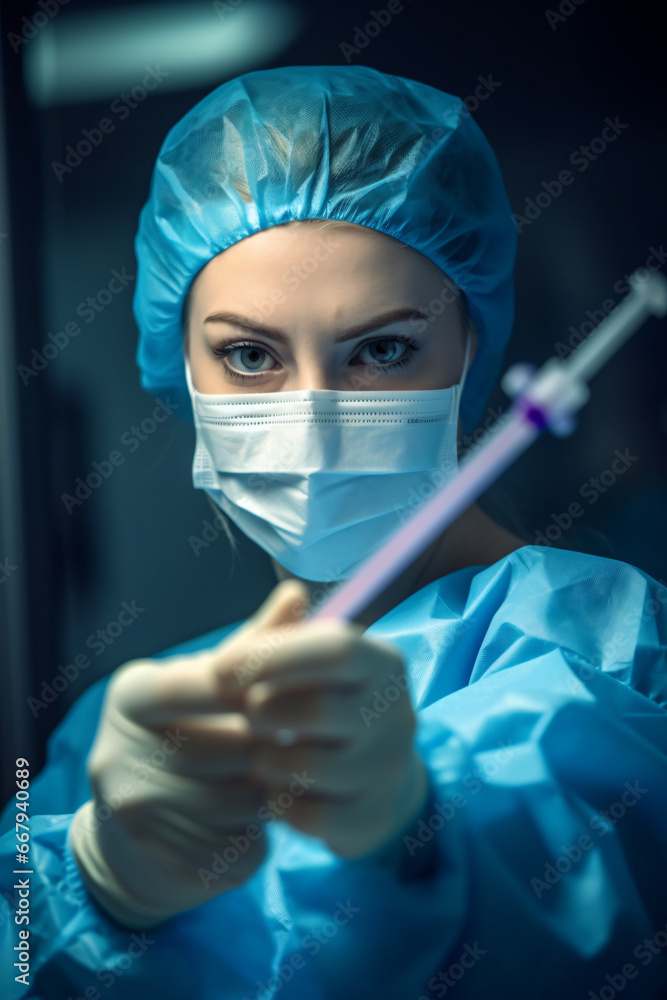 A close-up shot of a nurse holding a syringe and preparing to administer a vaccine, captured with a macro lens to emphasize the importance of vaccinations and public health