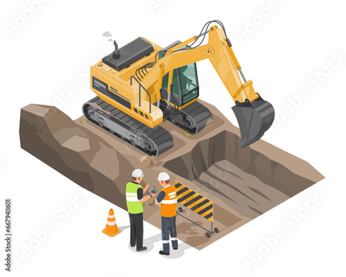 backhoe digging working at construction site isometric and enginneer working with worker islolated Work together concept cartoon vector