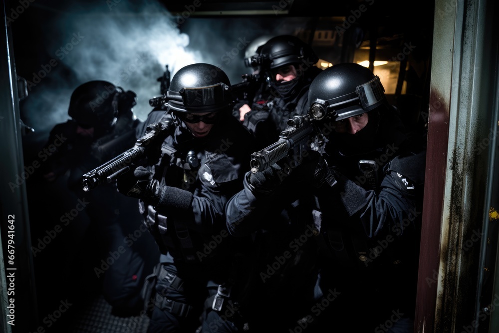 Tactical police unit breaching a fortified door.