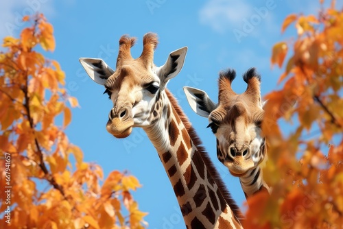 Tall giraffes munching on treetop leaves against a blue sky.