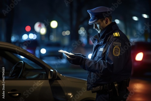 Traffic cop checking a driver's license during a checkpoint.