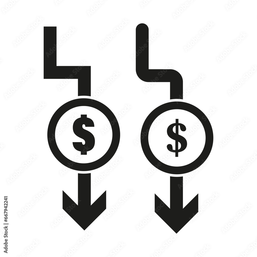 Cost reduction icon. Dollar decrease icon. Money symbol with arrow. Dollar down icon. Vector illustration. EPS 10. Cost reduction icon. Dollar decrease icon. Money symbol with arrow. Dollar down icon. Vector illustration. EPS 10.