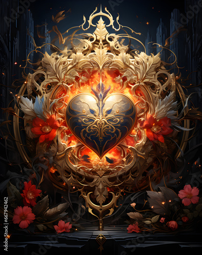 Beautiful and mysterious golden sacred heart adorned with flowers and set off with dramatic light photo