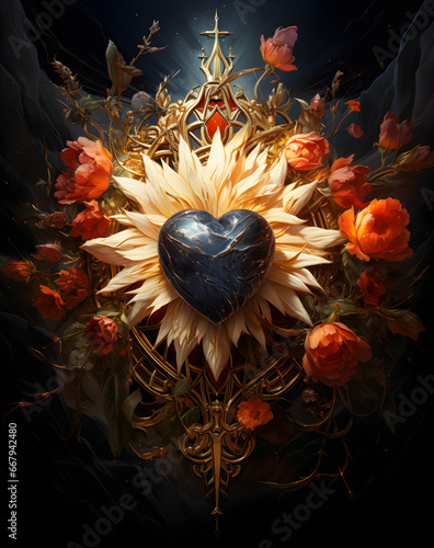 Beautiful and mysterious golden sacred heart adorned with flowers and set off with dramatic light photo