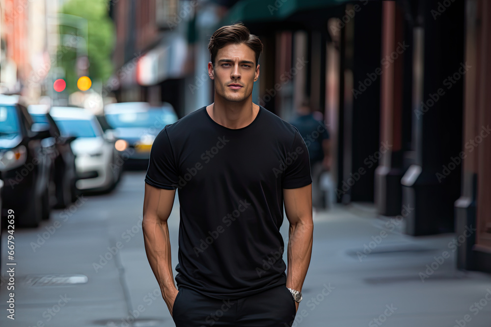 Male Model Sporting Classic Black Cotton Tee in Urban Cityscape Setting Male Model Sporting Classic Black Cotton Tee in Urban Cityscape Setting