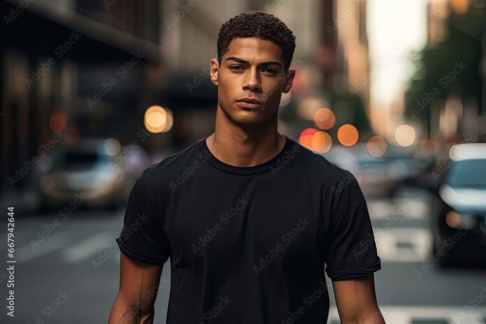 Male Model Sporting Classic Black Cotton Tee in Urban Cityscape Setting Male Model Sporting Classic Black Cotton Tee in Urban Cityscape Setting