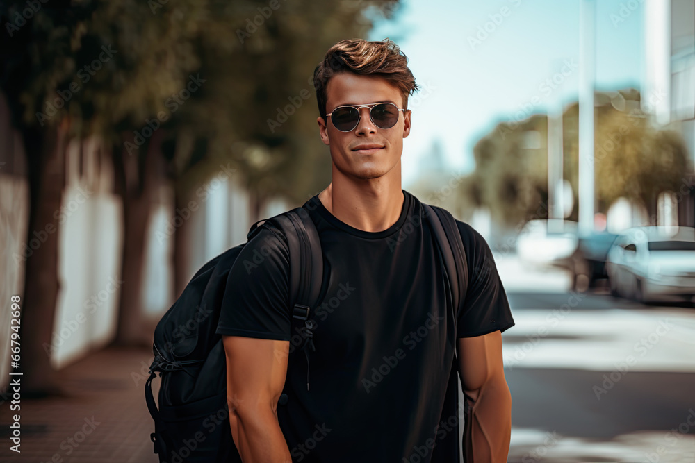 Male Model Sporting Classic Black Cotton Tee in Urban Cityscape Setting Male Model Sporting Classic Black Cotton Tee in Urban Cityscape Setting