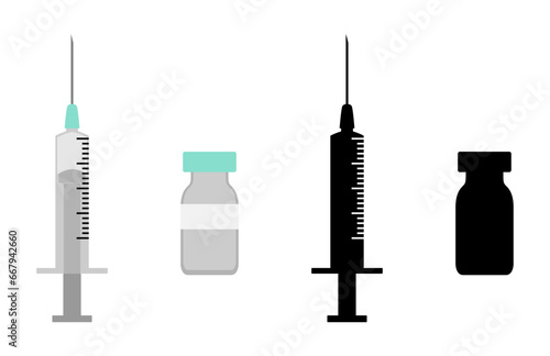 Set of Stylized Syringe Needle and Vaccine Jab Glass Vial Icon Set. Vector Image.