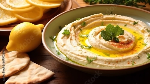 hummus dip plate and lemon on wooden table