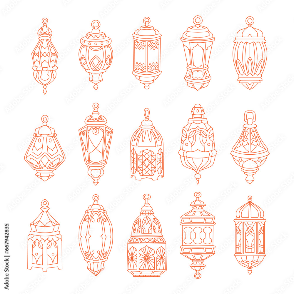 Islamic Lantern Line Set Illustration with ornament pattern, Ethnic Arabic traditional Hanging lamp art background wedding decoration. Outline Style Islamic Lantern Line Set Illustration with ornament pattern, Ethnic Arabic traditional Hanging lamp art background wedding decoration. Outline Style