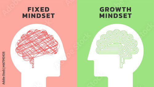 Illustration of The Difference Between a Fixed vs Growth Mindset. Chaos and Order thoughts mindset concept vector. Two heads of a person with the opposite mindset. Vector illustration.