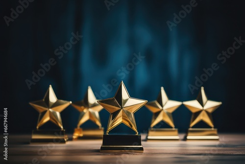 a Champion golden trophy with gold stars on wooden background