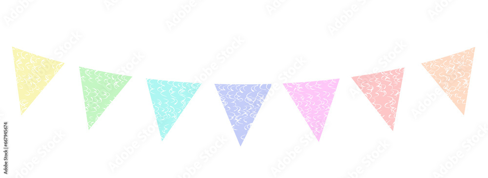 Banderín arcoíris en colores pasteles, delineado en blanco, sin fondo.	