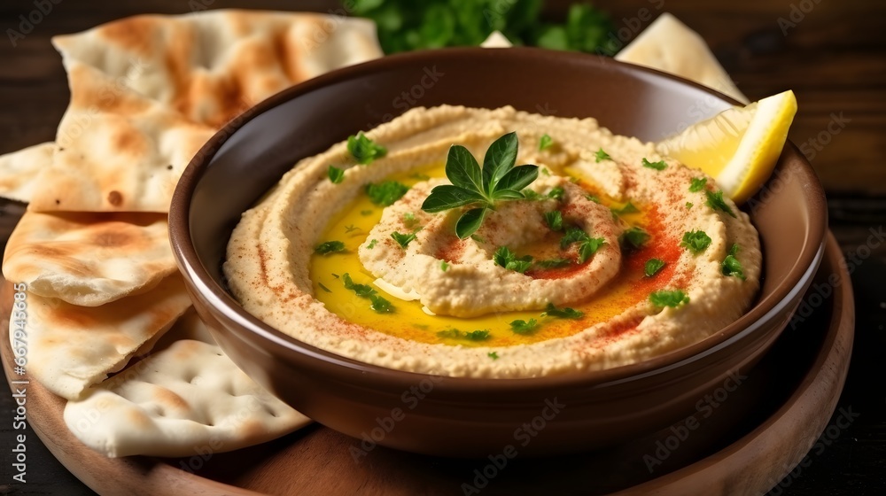 Hummus with olive oil, paprika, lemon and pita bread