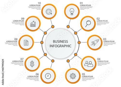 Business Infographic Template Design. Time line minimal concept with 10 options steps and marketing icons. Vector linear infographic with ten connected elements. Can be used for your business gifts