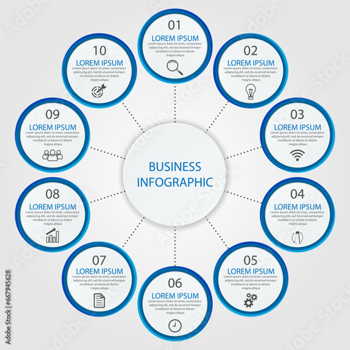 Business Infographic Template Design. Time line minimal concept with 10 options steps and marketing icons. Vector linear infographic with ten connected elements. Can be used for your business gifts