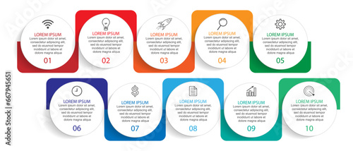 Business Infographic Template Design. Time line minimal concept with 10 options steps and marketing icons. Vector linear infographic with ten connected elements. Can be used for your business gifts