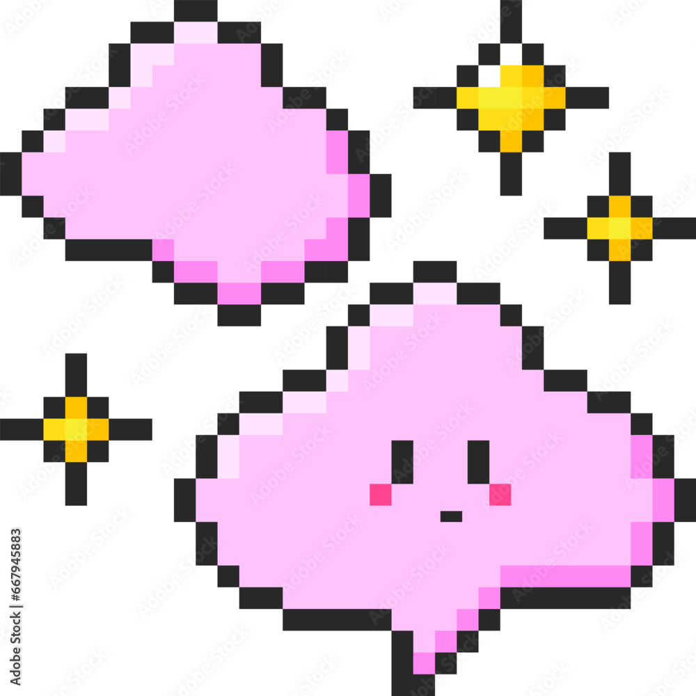 Obraz premium Pixel art cloud and stars, y2k game aesthetics. Vector 8 bit retro style illustration for card, social media, banner, stickers. Isolated on a transparent background.