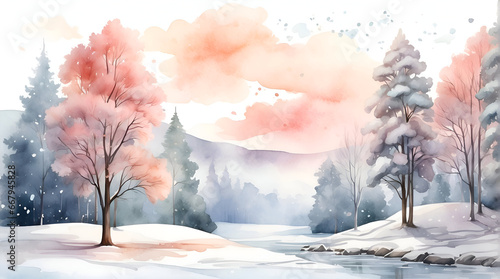 winter landscape in the forest watercolor illustration 
