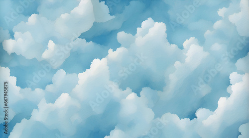 blue sky with clouds watercolor illustration 