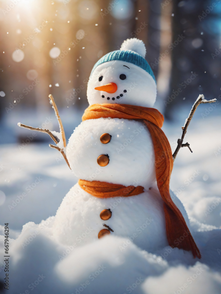 Christmas Snowman with Scarf at Winter Season Christmas Snowman with Scarf at Winter Season