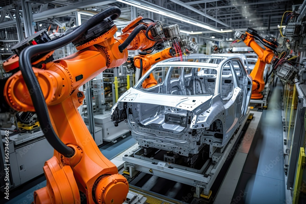 High-tech robot effortlessly assembling a car in a futuristic factory setting. Generative AI High-tech robot effortlessly assembling a car in a futuristic factory setting. Generative AI