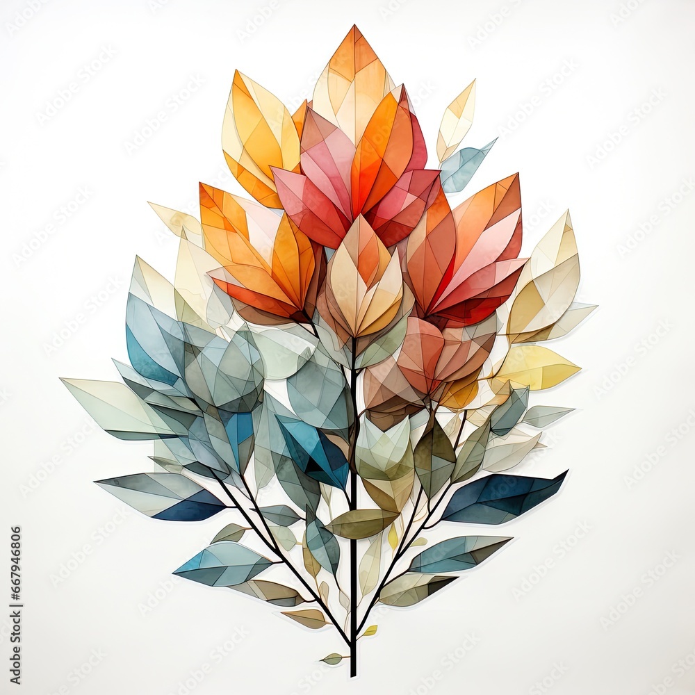 AI-generated abstract geometric illustration of a bouquet of colorful leaves. MidJourney.