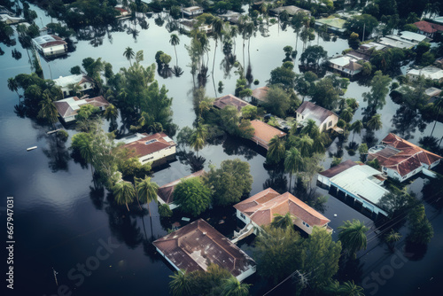 Flooded houses by hurricane rainfall in Florida residential area. Consequences of natural disaster photo
