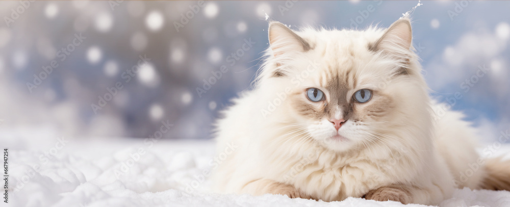 Fluffy gray cat lies on a pile blur of falling white snow. and blue background, new year concept.