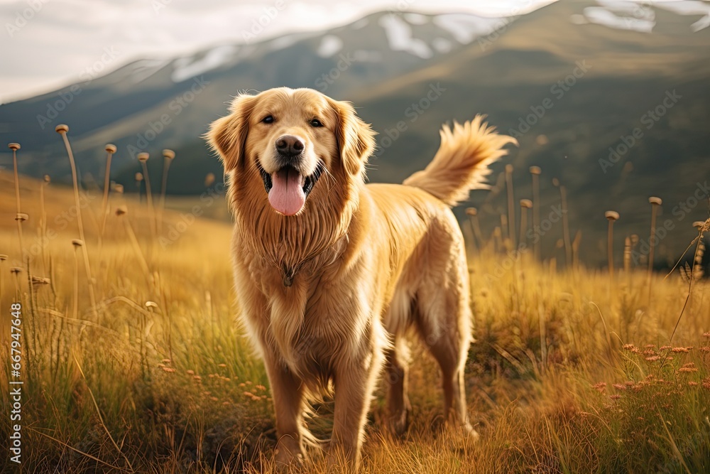 Golden retriever dog happiness and smile. Adorable pet.Generative ai - obrazy, fototapety, plakaty 