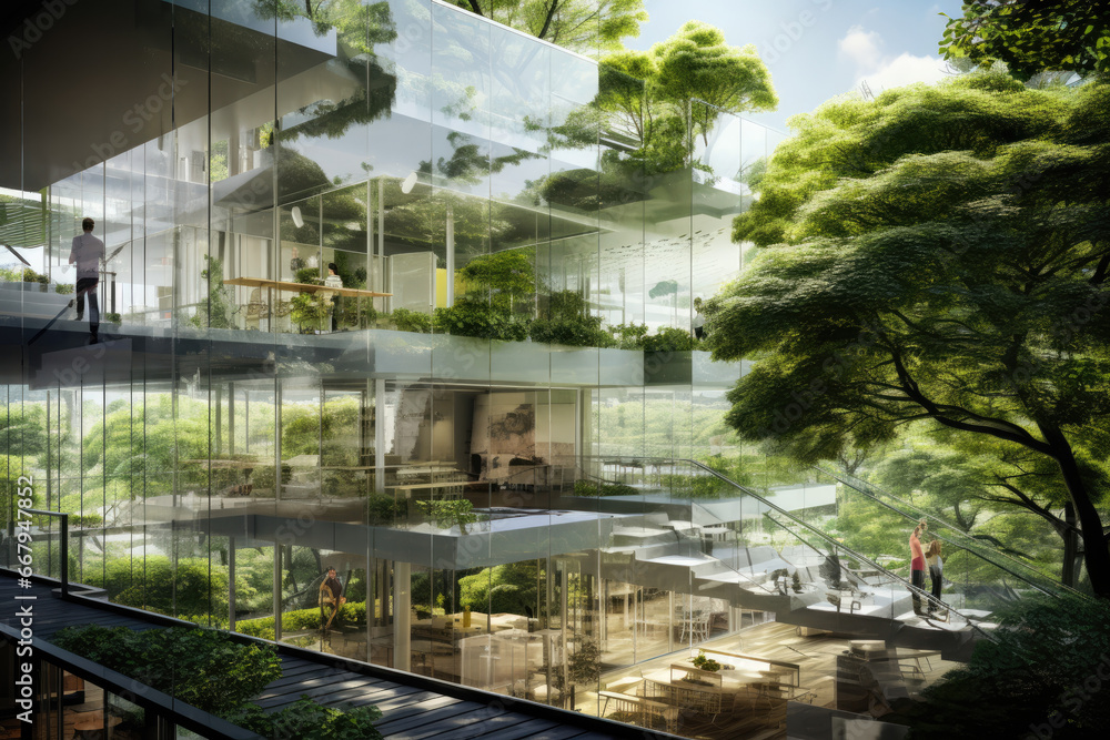 View of an Eco-Friendly Glass Office, Sustainable Building with Trees and Green Environment