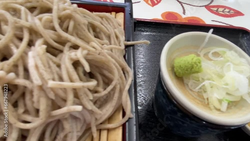 Soba noodle with sliced Japanese leek and wasabi at lunch top shot photo