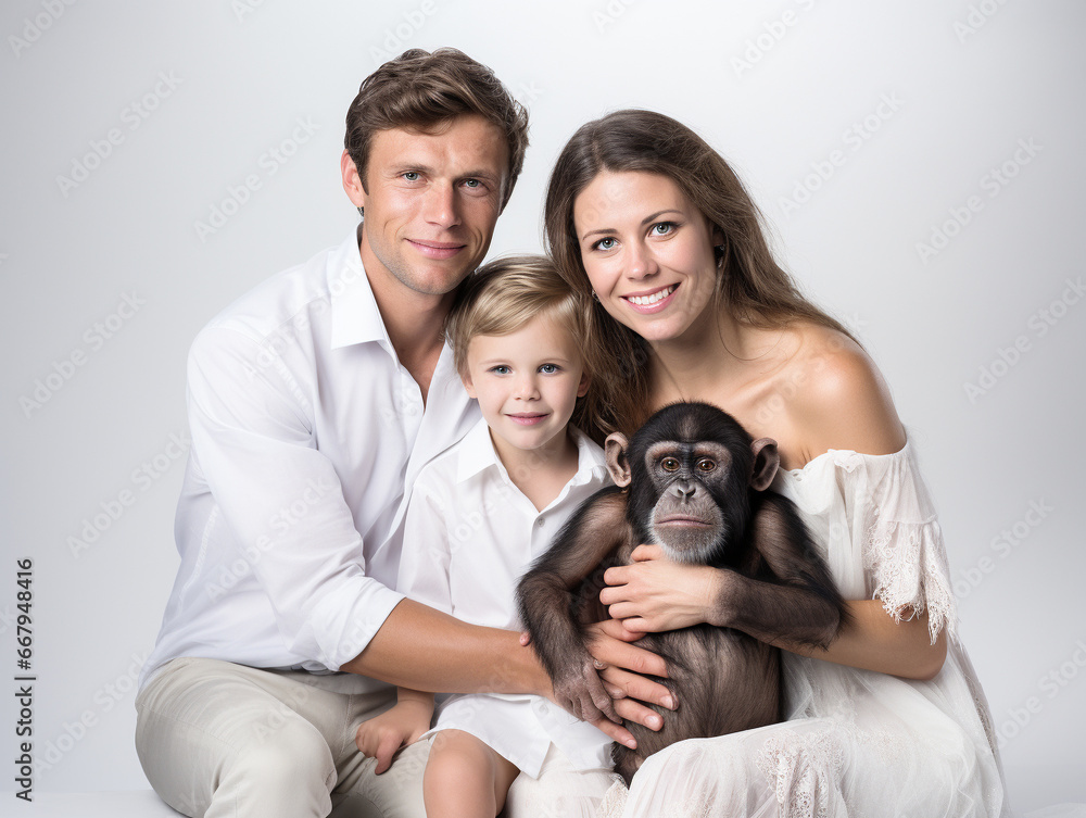 A Studio Portrait Photo of a Young Family Posing with a Chimpanzee A Studio Portrait Photo of a Young Family Posing with a Chimpanzee