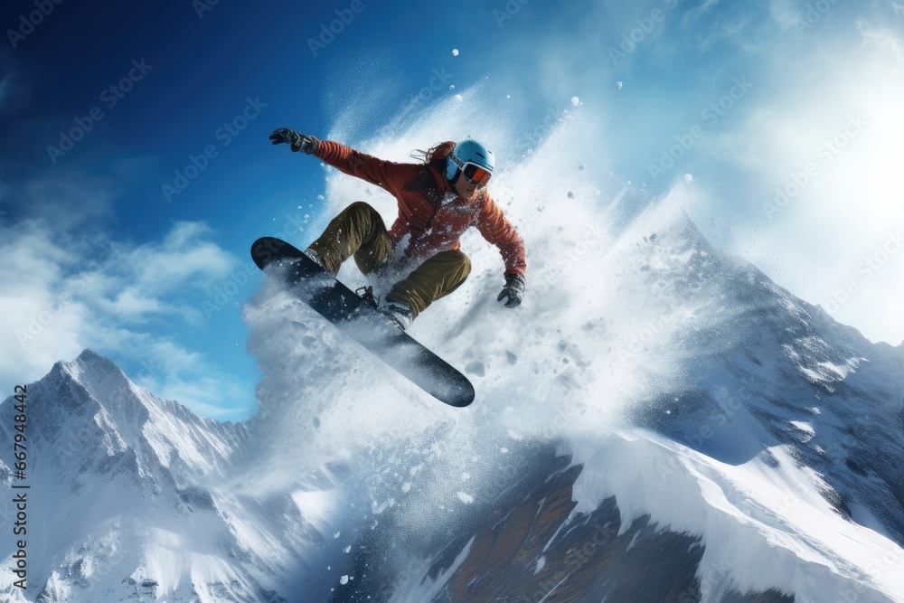 Mountain Majesty: A Snowboarder Defying Gravity, Soaring Off a Snow-laden Ramp Amidst Alpine Peaks.