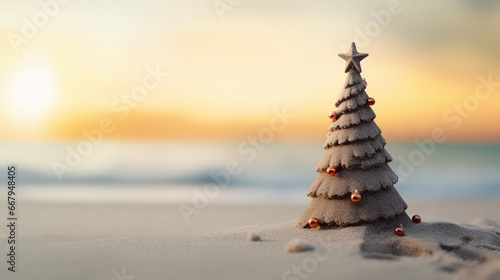 concept - christmas tree made of sand on the beach photo