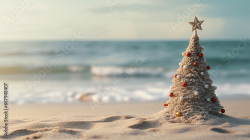 concept - christmas tree made of sand on the beach