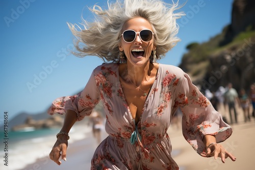 Youthful mature woman having fun, generative ai photo