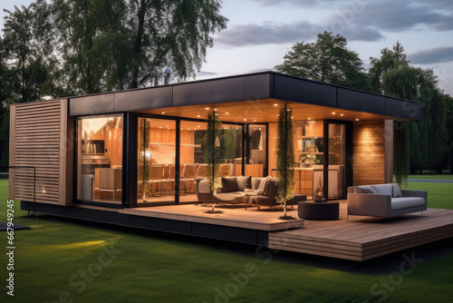 Modular wooden house on wheels with flat roof with solar pannel and big windows all around. Modern and elegant style, with an outdoor living area