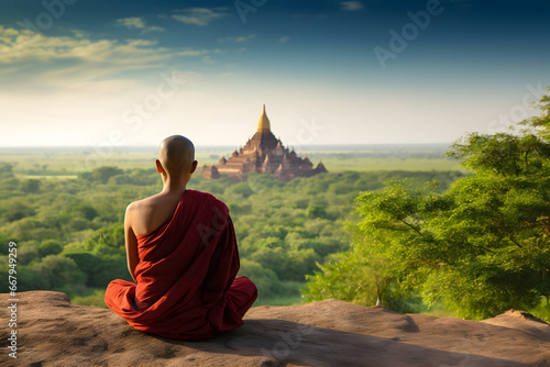 Buddhist monk in meditation on cliff in Bagan, Myanmar