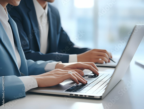 Business person using laptop and man or woman operating laptop and making a note, Business Office photo, Business Working environment, AI generated Photo