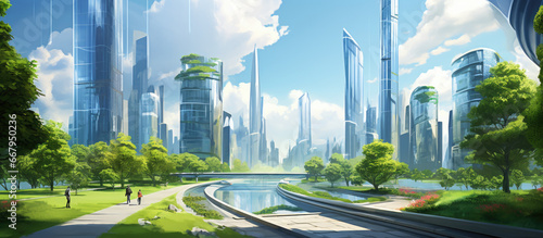 design of futuristic city with many green spaces