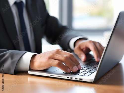 Business person using laptop and man or woman operating laptop and making a note, Business Office photo, Business Working environment, AI-generated business Photo