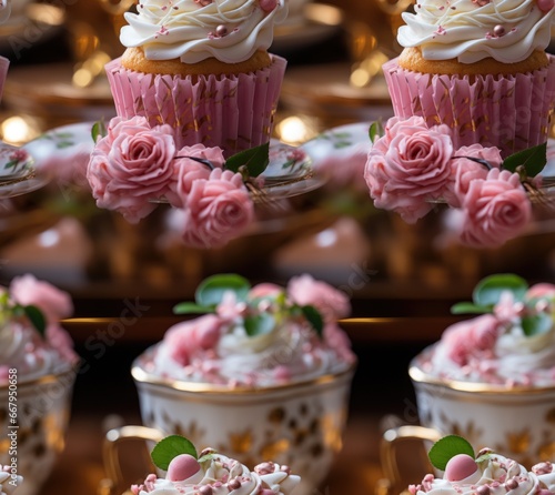 Pattern cupcakes with pink buttercream and roses on a stand.