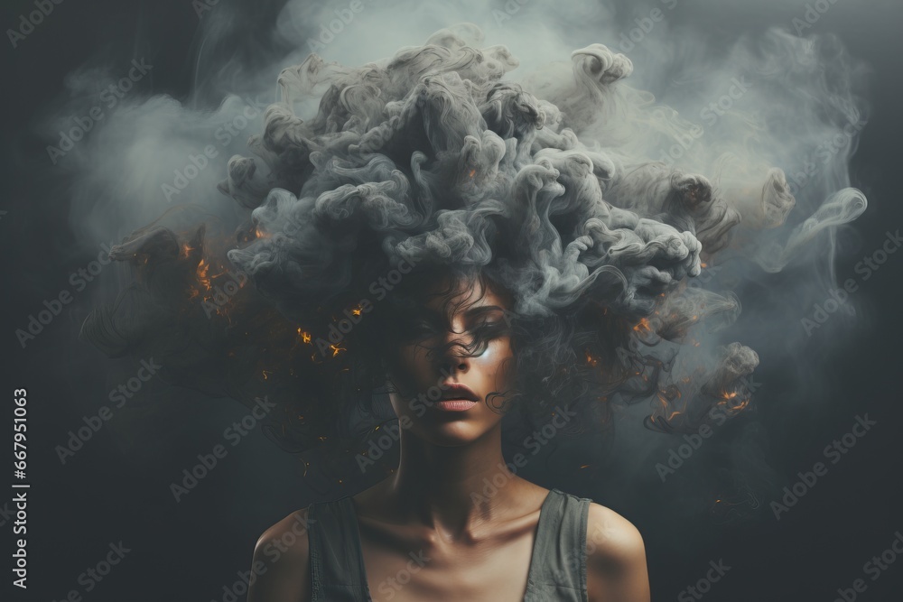 Mental Health Problems Headache Overthinking Rumination Angry Frustrated Emotions Nightmares Insomnia Meditating Brainstorming Women Athlete Head covered by Dark Clouds Burning Smokes Flames