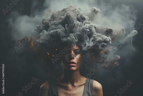 Mental Health Problems Headache Overthinking Rumination Angry Frustrated Emotions Nightmares Insomnia Meditating Brainstorming Women Athlete Head covered by Dark Clouds Burning Smokes Flames photo